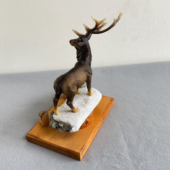 Hand-Painted Resin Deer Figurine 11" Antler Detail, Stone Accent, Wooden Base - Picture 12 of 13